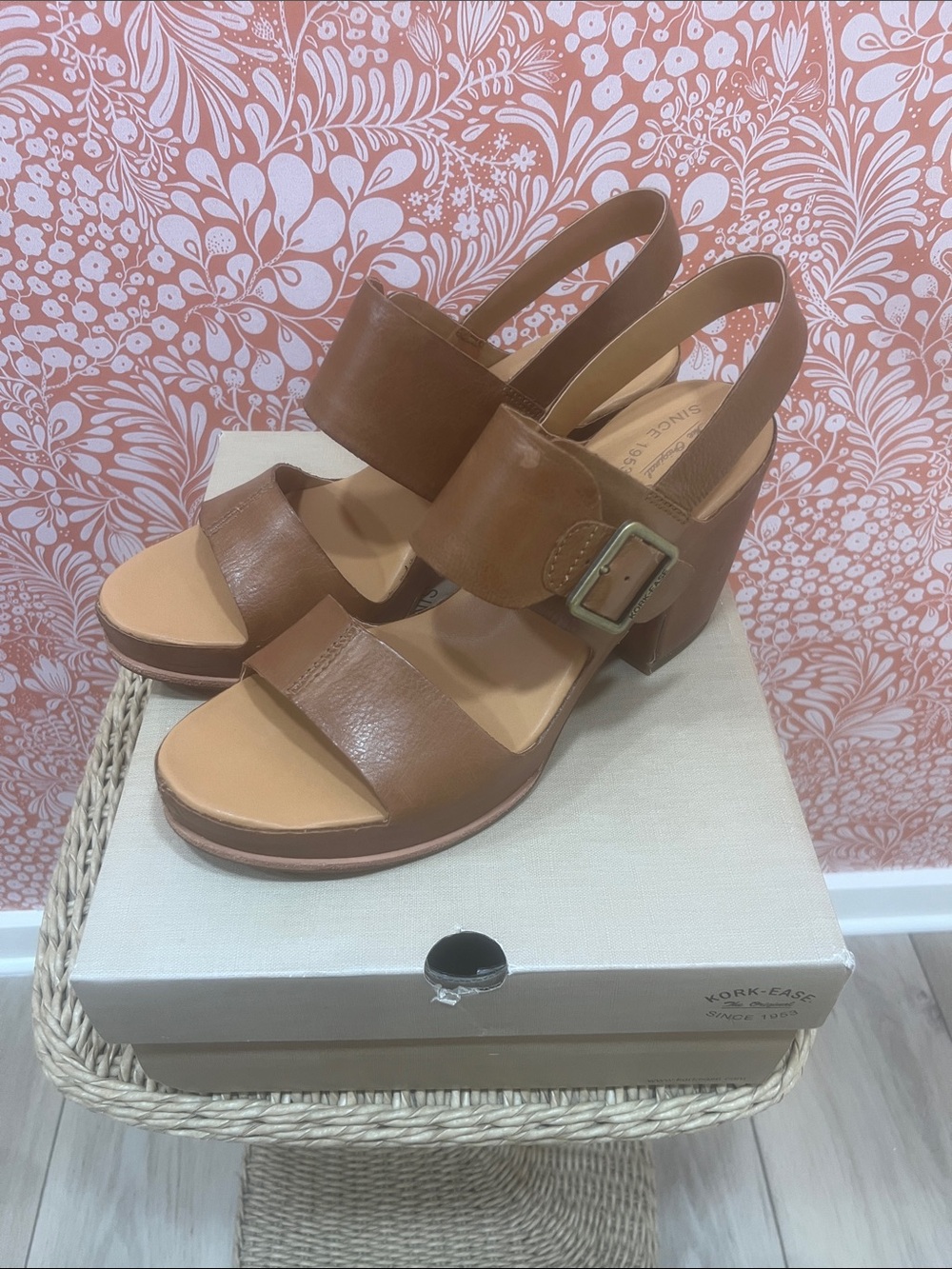 Kork-Ease San Carlos Brown Leather Slingback Block Heel Sandals